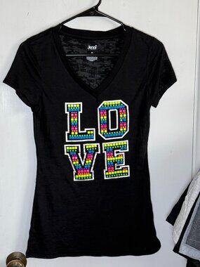 Jenni Jennifer Moore Active Black LOVE Graphic V-Neck Burnout T-Shirt